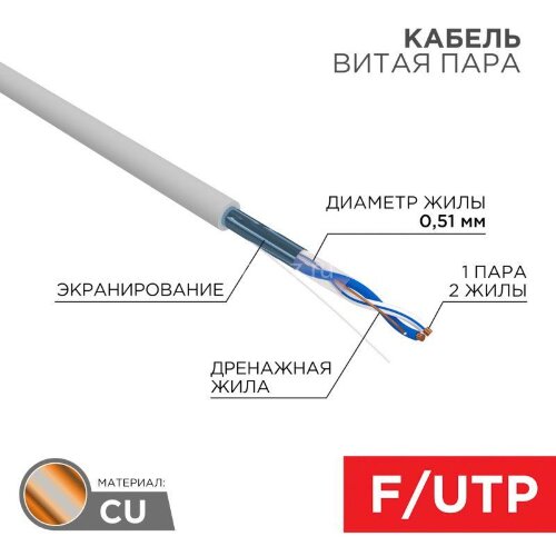Кабель витая пара F/UTP 1х2х24AWG кат.5E solid CU PVC сер. (м) Rexant 01-0120