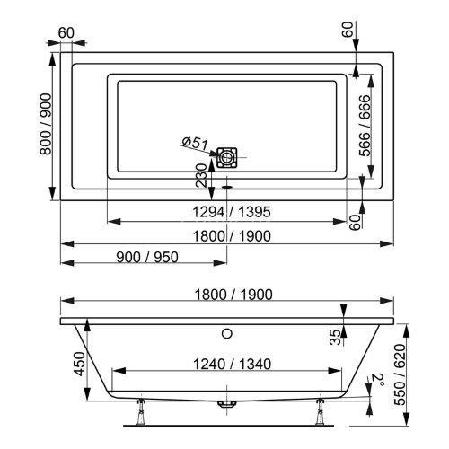 Ванна акриловая VAGNERPLAST CAVALLO прямоугольная 190х90 см, белая (VPBA190CAV2X-04)