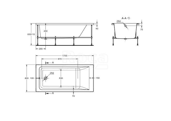 Ванна акриловая Roca EASY 170x80 прямоугольная, белая (Z.RU93.0.762.4)