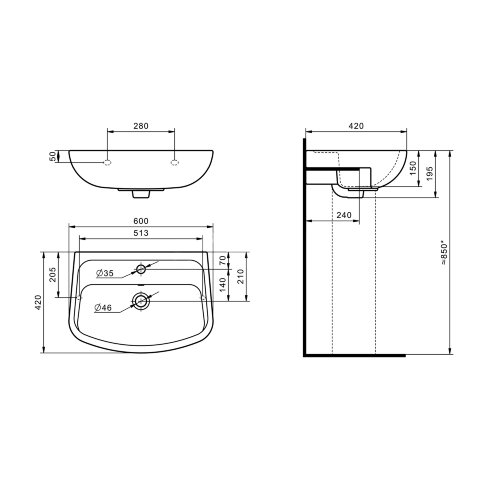 Раковина подвесная Santek "Лонги-60" 600х420х195 фарфор, 1 отверстие под смеситель, белая (1.WH50.1.
