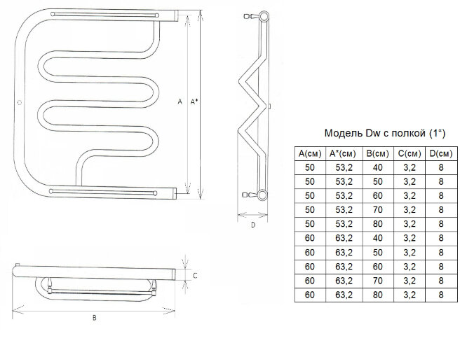 Полотенцесушитель водяной ДВИН Dw фокстрот 50/50 c полкой, полированный (4627085930860)