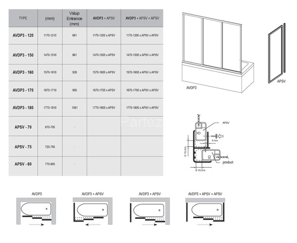 Шторка для ванны раздвижная Ravak AVDP3 170х138 цвет профиля белый (40VV010241)