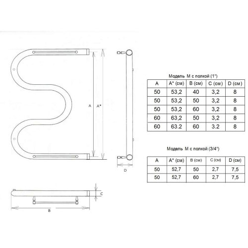 Полотенцесушитель водяной ДВИН M 50/40 c полкой 1" К0 Полированный (4627086043484)