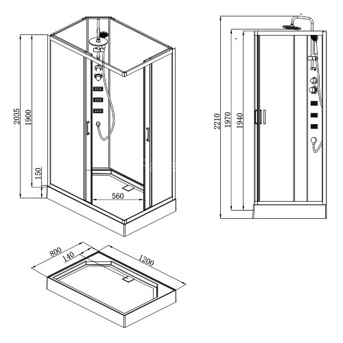 Душевая кабина Loranto NEO 120x80x(190+15) с низким поддоном 15см, прозрачное закаленное стекло 5 мм, задние стеклянные стенки белые, профиль черный-м