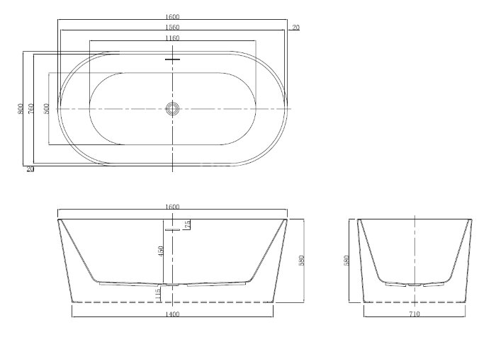 Ванна акриловая Azario BRISTOL 1600х800х580, свободностоящая, в комплекте с сифоном и металлической 