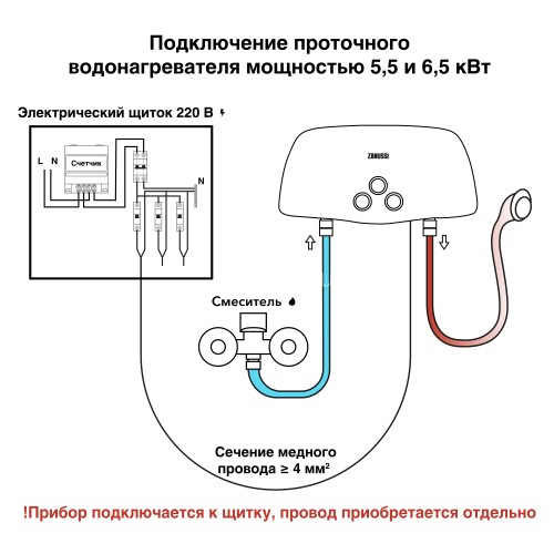 Водонагреватель электрический Zanussi 3-logic S (5.5 kW) - душ