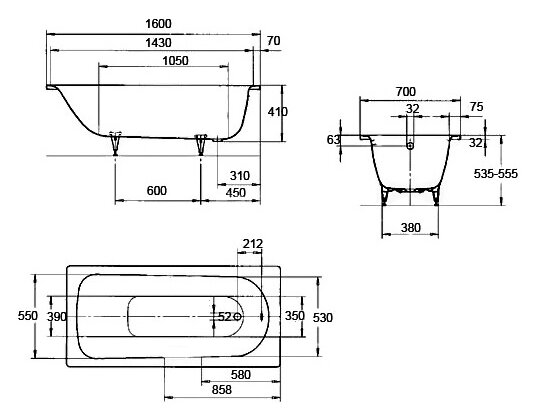 Ванна стальная Kaldewei SANIFORM PLUS 160х70х41, alpine white, без ножек