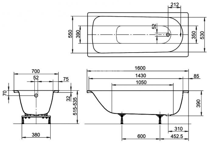 Ванна стальная Kaldewei Eurowa Verp. 160х70х39, alpine white, без ножек