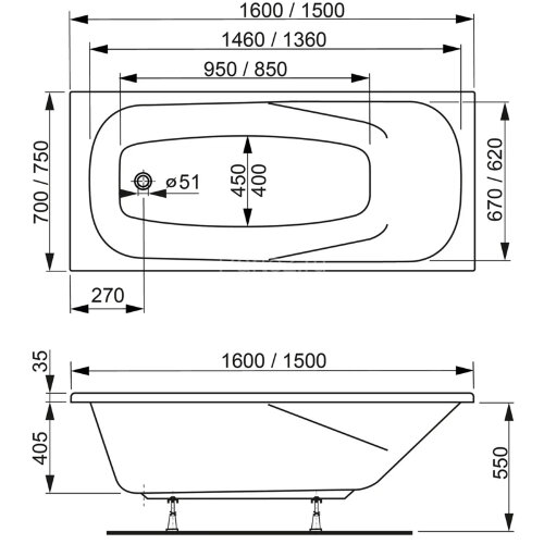 Ванна акриловая VAGNERPLAST ARONIA 150x70 (VPBA157ARN2X-04)